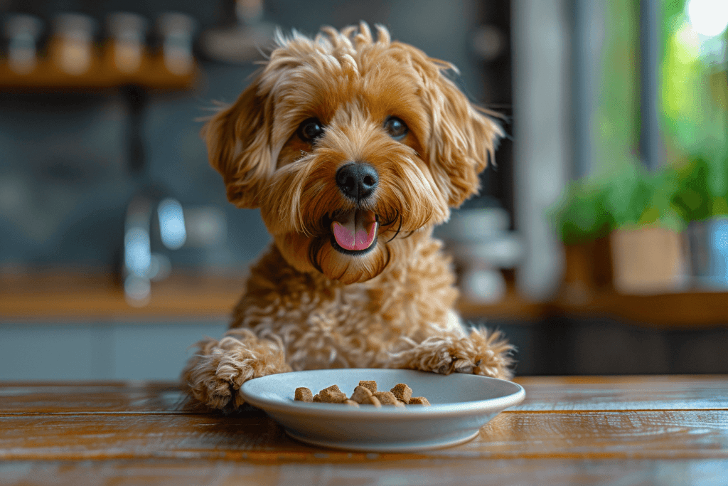 labradoodle eating in the kitchen