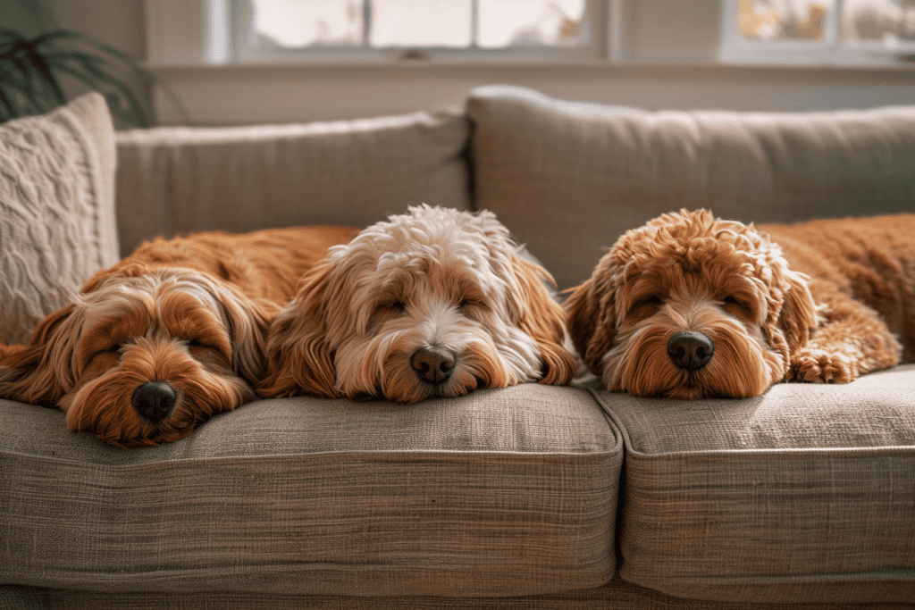 trio poodles sitting on th coach